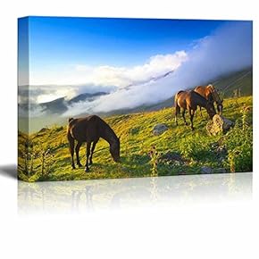 Canvas Prints Wall Art - Beautiful Scenery/Landscape Horses in Mountain Valley | Modern Wall Decor/Home Decoration Stretched Gallery Canvas Wrap Giclee Print & Ready to Hang - 12" x 18"