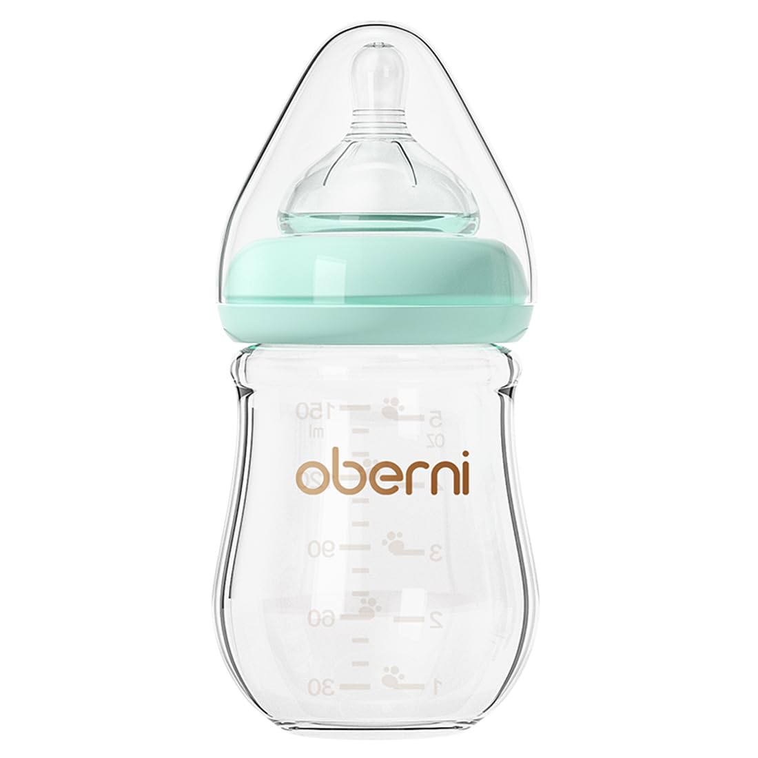 Oberni Anti-Colic Glass Baby Bottles with Slow Flow Breast-Like Silicone Teat, 150ml, 0+ Months, Wide-Neck, Blue/1Pack