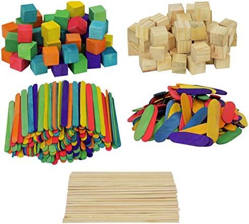 Wooden Craft Colored and Natural Square Cube Blocks and Sticks Bundle