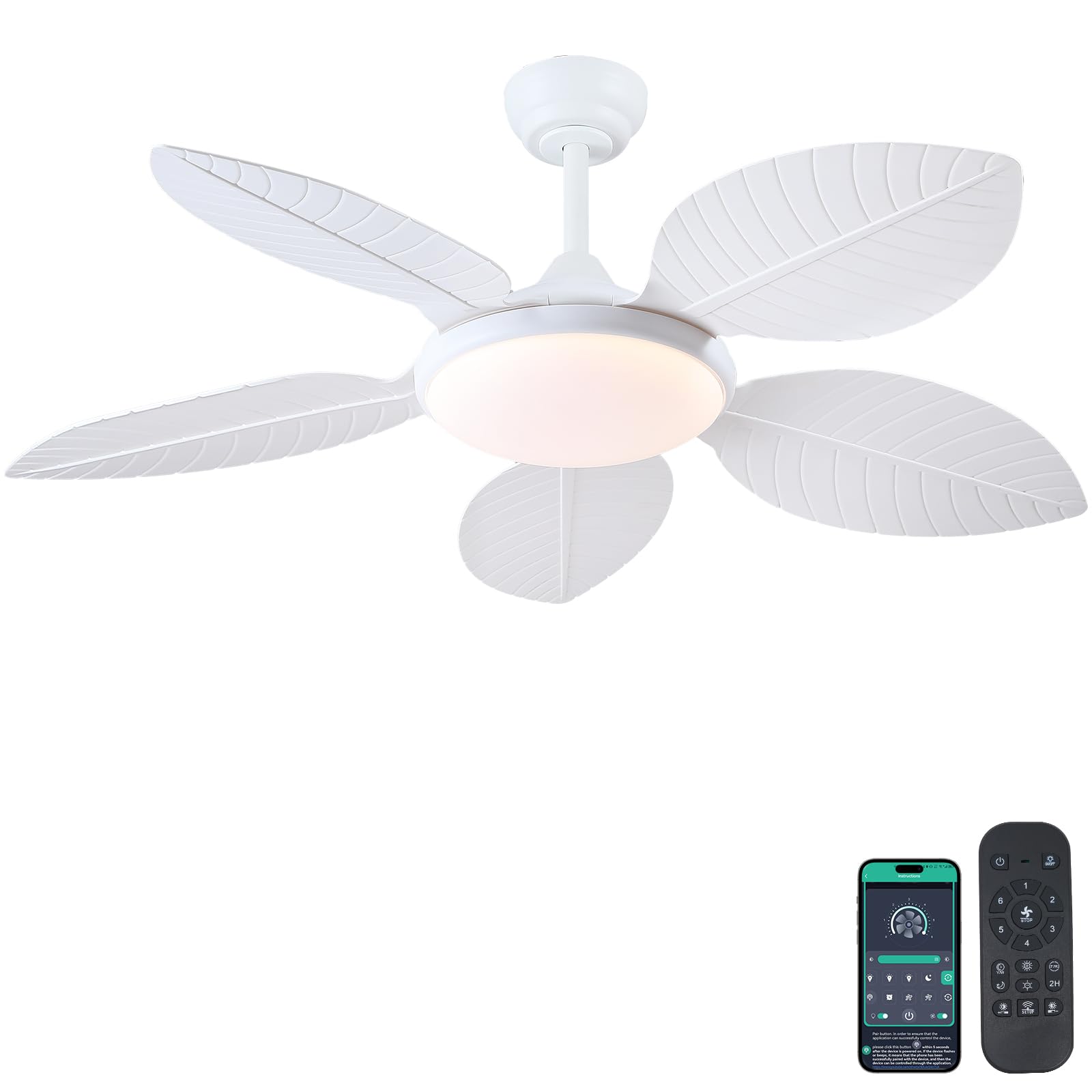 Photo 1 of Wiviniya Ceiling Fans with Lights and Remote/APP Control, 48 Inch Tropical Ceiling Fan for Bedroom Living Room, Outdoor Palm Leaf Ceiling Fan for Patios Porch, Dimmable, 6 Speeds, Reversible, White