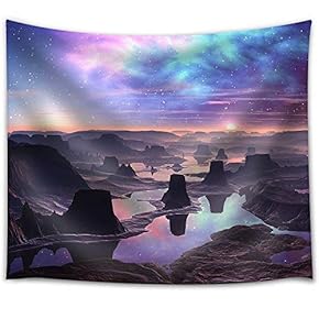 Gaseous Aurora Over Mountainous Alien Landscape - Fabric Wall Tapestry Home Decor - 51x60 inches