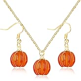 Dainty Pumpkin Dangle Earrings Pendant Necklace Jewelry Set for Women Gold Plated Cute Halloween Thanksgiving Charms Drop Adjustable Link Chain Fall Holiday Festival Dress Accessories