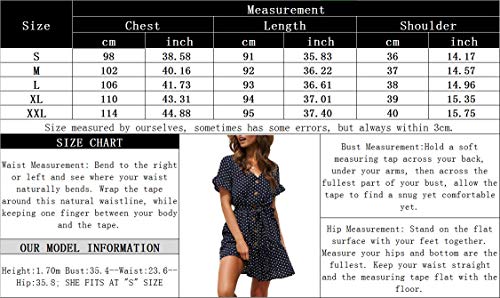 Womens Polka Dot V Neck Button Down Ruffles Casual Loose Swing Short Mini Beach Dress Navy M