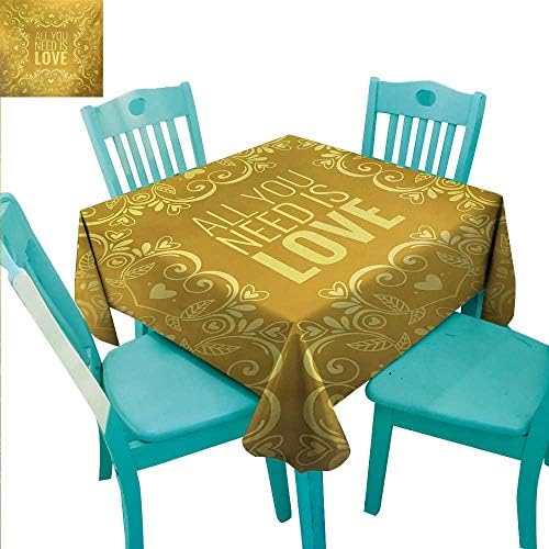 WilliamsDecor Mandala Easy Care Tablecloth Romantic Floral Round Figures Hearts Quote in Love Valentines Day Doodle Style Art Indoor Outdoor Camping Picnic 70" Wx70 L Yellow