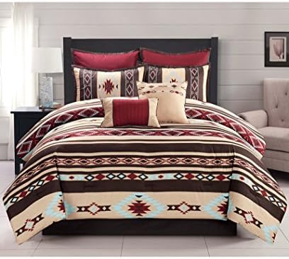 Southwest, Red, Brown & Blue Native American Queen Comforter Set (7 Piece Bed In A Bag) + HOMEMADE WAX MELT