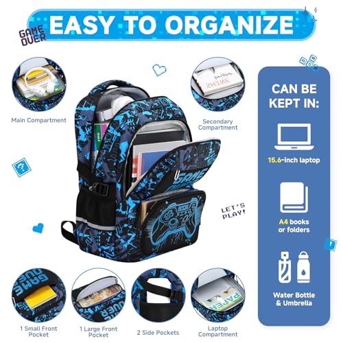 Amythe Boys Bright Backpack, Primary School Bag Teenager Waterproof Durable School Bag with Reflective Strips Large Capacity for Travel, Blue
