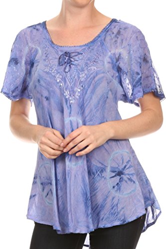 Sakkas 16483 - Hana Tie Dye Relaxed Fit Embroidery Cap Sleeves Peasant Batik Blouse / Top - Lilac - OS