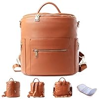 Faux Leather Diaper Bag Backpack with Insulated Pockets Designer, Large Brown