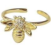 CZ Bee 925 Sterling Silver Ring for Women 14K Gold Plated Cubic Zirconia Crystal Texture Animal Honeybee Statement Open Band Rings Comfort Fit Adjustable Expandable Finger Jewelry Dainty