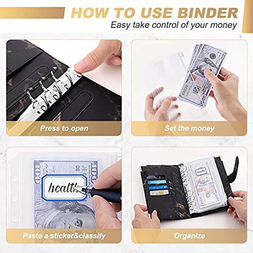 TAOPE Classeur Budget avec Enveloppe Budget, Classeur A6 Budget Planner Sets en PU Cuir, Carnet Budget 6 Anneaux Remplissable avec Pochettes Transparentes, Organisateur Enveloppe Budget Marbre Noir