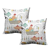 LilyDecorH Square Pillowcase,Nautical Decor Collection,Fishing Gear Fisherman in The Boat Catching Fish Rod Bobber Tackle Hook Clip Work Image,Light Salmo 24"x 24"x2 Soft Toddler Pillowcases Set of 2