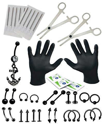 16G and 14G Professional Body Piercing Kit 36 Pieces with Belly Rings Tongue,Tragus,Ear,Eyebrow,Nipple