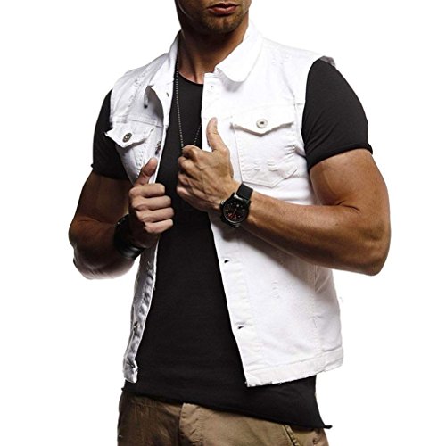 WUAI Clearance Men's Sleeveless Fashion Lapel Vintage Jeans Vest Motorcycle Jacket Waistcoat(White,US Size M = Tag L)