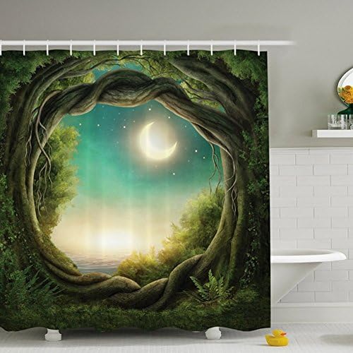 3D Water Repellent Shower Curtain with Greenery Trees Shower Curtain Fairy Decor in Artistic Artwork,Full Moon Bathroom Decor Kids Girls Boys and Family Fabric Bath