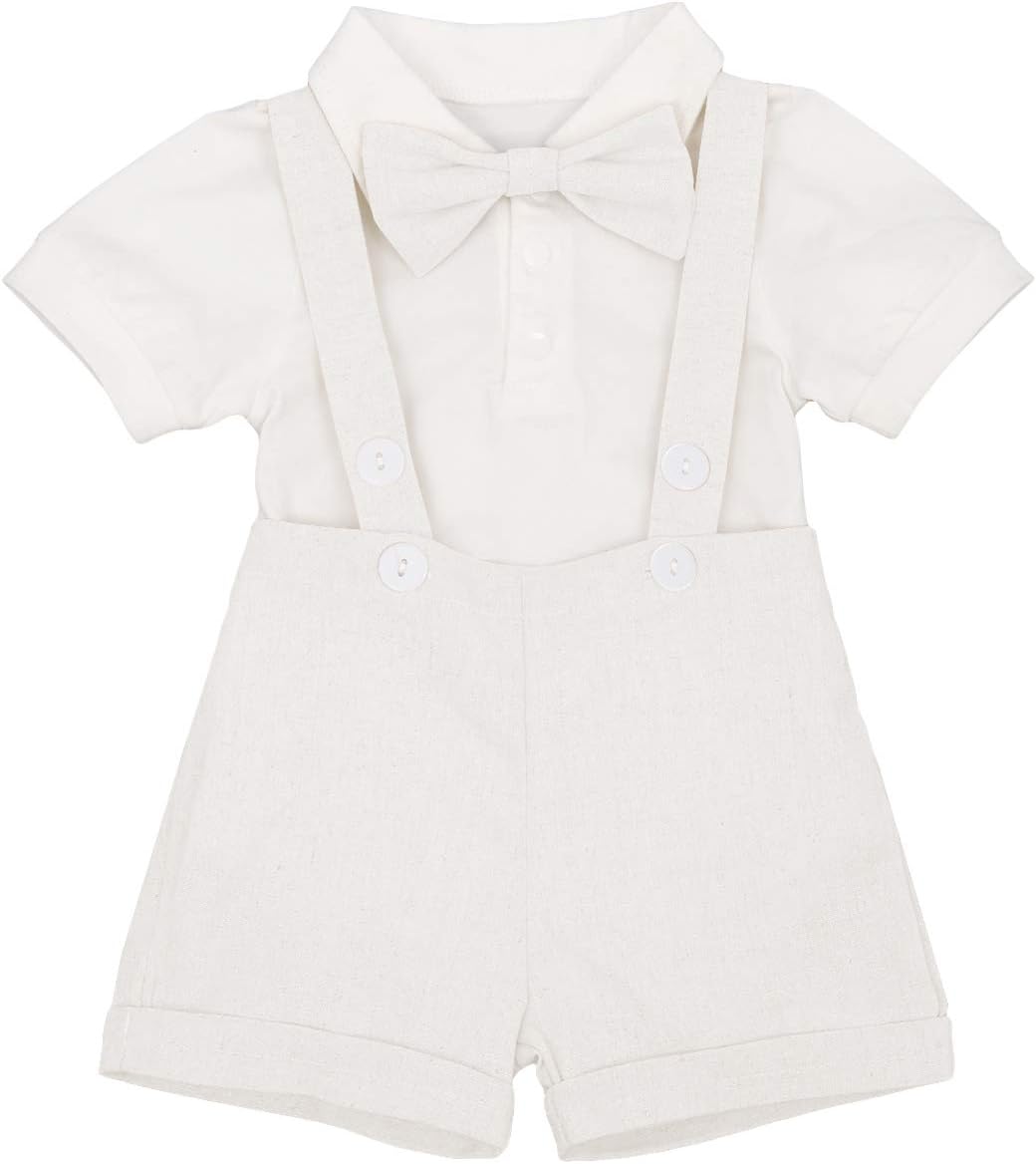 Baby Boys Formal Wear Shirt + Suspender Shorts + Bowtie 3PCS Outfit Set Newborn Infant 1st/2nd Birthday Party Cake Smash Photo Shoot Costume for Toddler Kids 0-24 Months