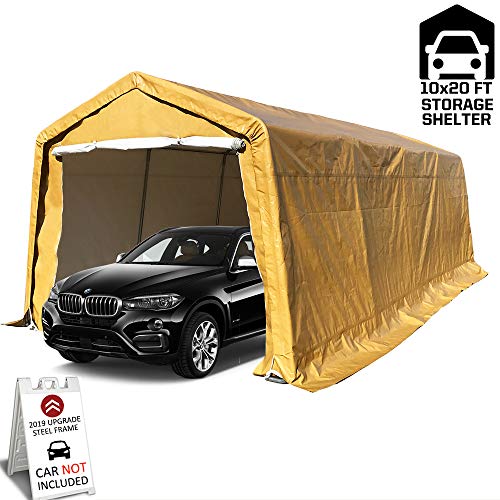 kdgarden 10' x 20' Portable Domain Carport Heavy Duty Enclosed Car Canopy Outdoor Instant Garage Tent with Sidewalls for Auto and Boat Storage, Waterproof and UV-Treated, Khaki Peak Top Style