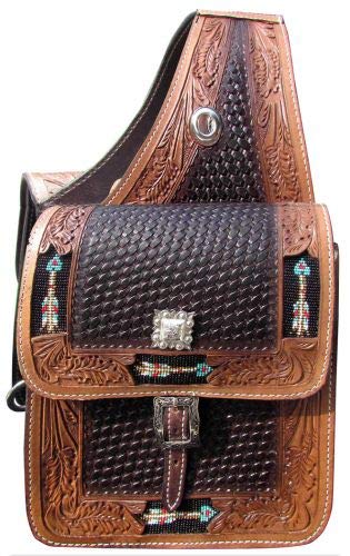 Showman Basket Weave & Leaf Tooled Leather Saddle Bag w/Beaded Arrow Inlays! New Horse TACK!