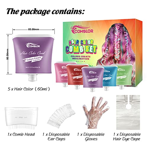 Comblor Temporary Hair Color Set, 5 Colors Hair Wax Color Gifts for Girls Kids, Temporary Hair Dye for Dark & Light Hair, Ideal Toys Gifts for Birthday, Children\'s Day, Halloween,Christmas, Cosplay, Party (Comb Head B)