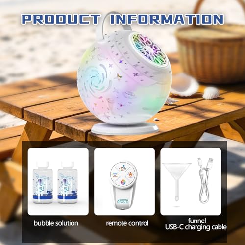 Rechargeable Bubble Machine 360° Rotation LED Lights, Automatic Bubble Blower for Outdoor Party Birthday Gift for Kids