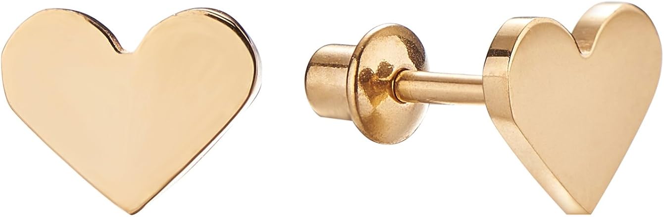 18k Gold Plated Screw Back Heart Stud Hypoallergenic Earrings for Kids, Baby, Toddler, Little Girls with Surgical Steel Post for Ultra Sensitive Ears with Secure Safety Screwback