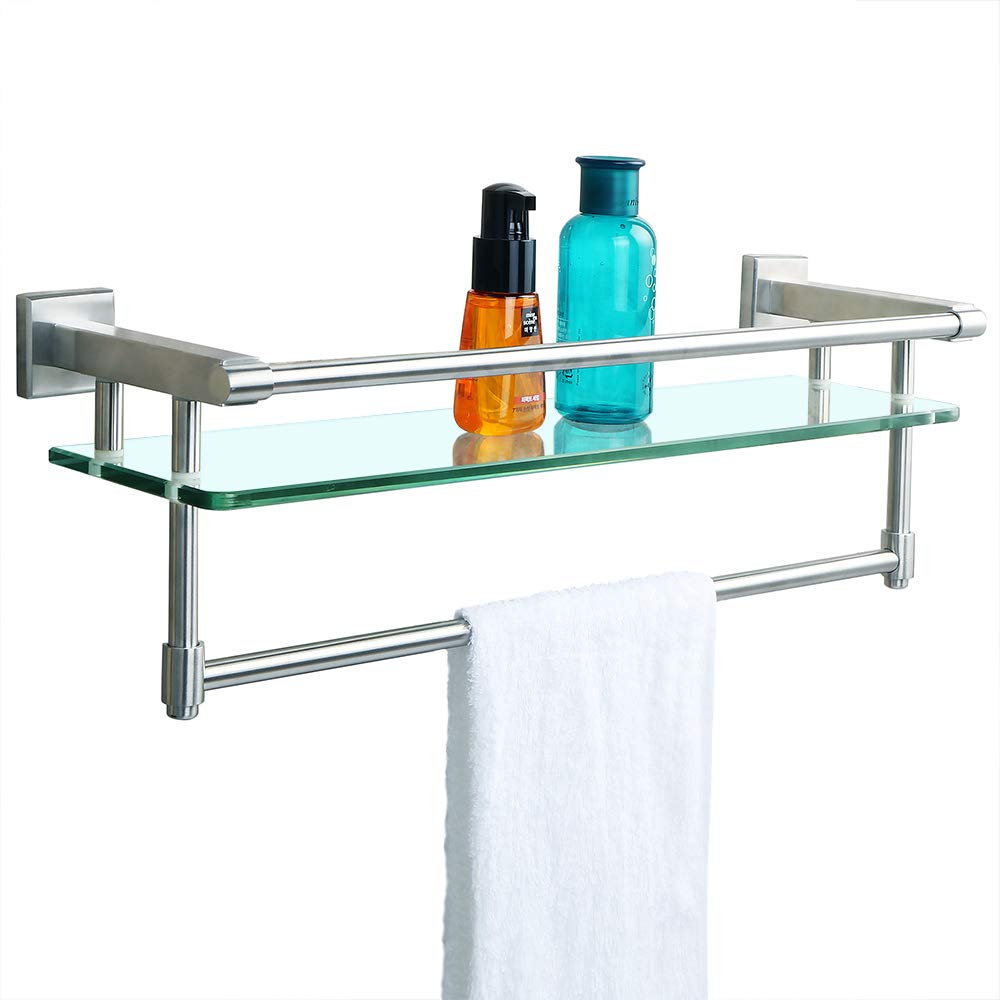 Sayayo Tempered Glass Shelf Square Bathroom Shelf with Towel Bar and