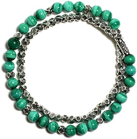 Raviga Handmade 6MM Gemstone Bead Double Wrap Bracelet with Silver Tone Alloy Synthetic Malachite Medium
