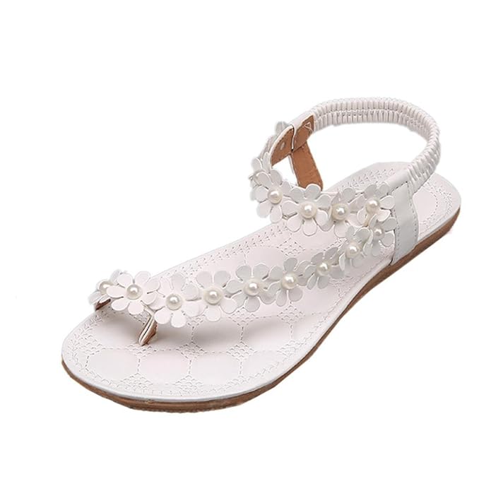 Sandalen Damen Sommer Elegant Böhmen Blumen-Perlen Flip-Flop Schuhe Flache Sandalen Schuhe Mode Strandschuhe Zehentrenner Pan