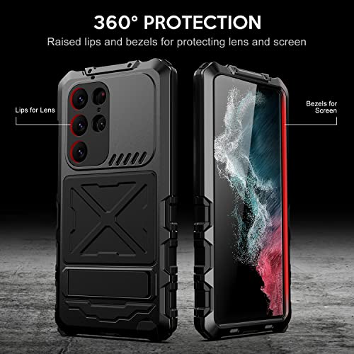 LSoug Samsung Galaxy S23 Ultra Metal Case, [10FT Military-Grade Protection] [Built-in Screen Protector] Rugged Full-Body Heavy Duty Shockproof Shell for Galaxy S23 Ultra 6.8 inch（Black）