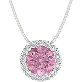Clara Pucci 1.16 cttw Pink Simulated Diamond White Gold-Plated Silver Necklace and Pendant for Women (18" Box Chain,Round Cut,6.5mm)