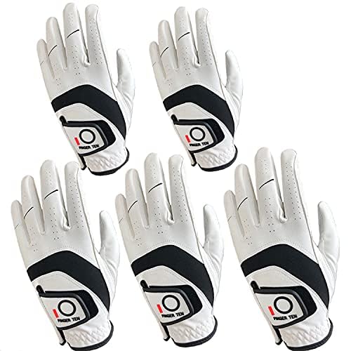 FINGER TEN Golf Gloves Men Pu Leather Multipack All Weather Soft Value 5 Pcs, Golf Gloves Mens for Right Left Handed Golfer Rain Grip Comfortable (White/Black, XXL, Left)