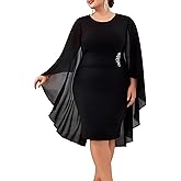 Hanna Nikole Womens Plus Size Chiffon Cape Dress Crew Neck Wedding Guest Dresses Ruched Bodycon Cocktail Pencil Dress