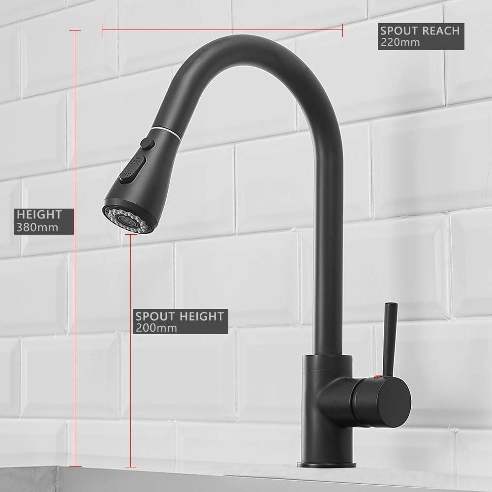 Heable Kitchen Sink Mixer Tap with Pull Down Sprayer Matte Black