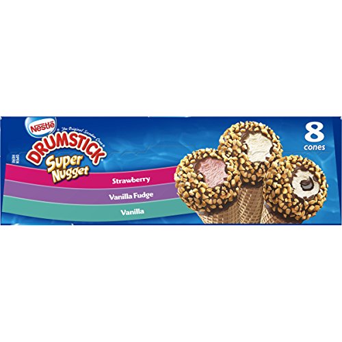 Drumstick, Super Nugget Strawberry/Vanilla Fudge/Vanilla Dairy Dessert Cones, 8 Count (Frozen)