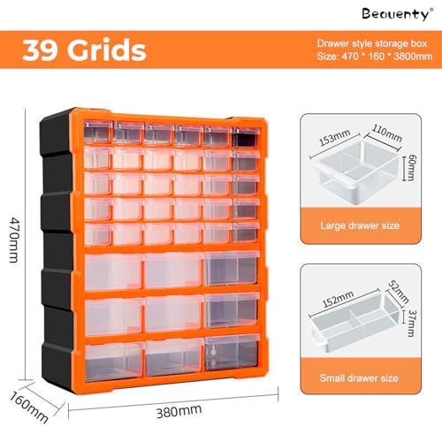 Beauenty Screws Storage Cabinet, 39 Drawers Tools Organiser Unit, Plastics Component Organizer, Small Parts Drawers Storage Box for Nuts, Bolts, Sewing, Nails, Craft (38L x 16W x 47H cm)