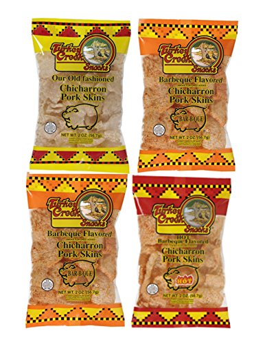Turkey Creek - America’s Best Fried Pork Skins, offers a 4-Bag Combo Pack of its top Pork Rinds (2-BBQ, 1-Regular & 1-Hot). These Pork Skin Chips (Chicharrones) are packed in full 2.0 oz bags. - Thumbnail 4