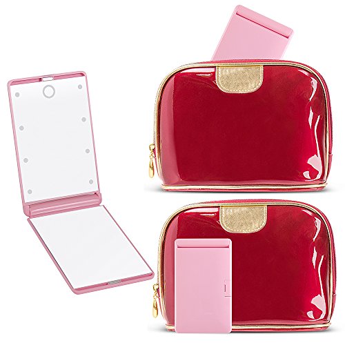 Travel Makeup Mirror with 8 Dimmable Led Lights,Compact Portable Touch Switch Mirrors,Fcebsty LED Lighted Pocket Mirror ,2 x magnifying(PINK) - Thumbnail 5