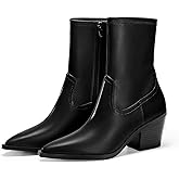 Coutgo Womens Pointed Toe Ankle Boots Chunky Stacked Heel Side Zipper Leather Fall Booties Shoes