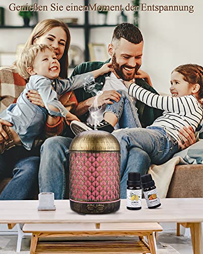 JVJH 300ml Aroma Diffuser, Metall Aromatherapie Diffusor mit 2 x10ml Ätherische Öle Set,Raumbefeuchter Elektrisch Duftlampe,7 Farbe Licht Vintage Diffusor für Home &Office