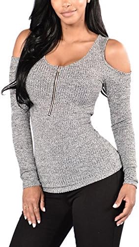 Womens Sexy Cold Shoulder Stripe Zipper Blouse Tops (Large)