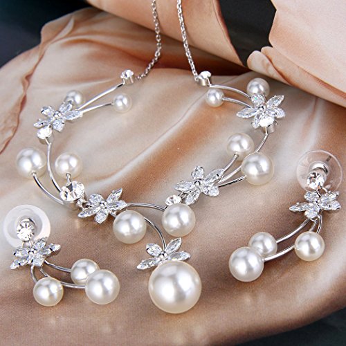 EleQueen Women's Silver-Tone CZ Simulated Pearl Flower Filigree Bridal Necklace Earrings Set Ivory Color