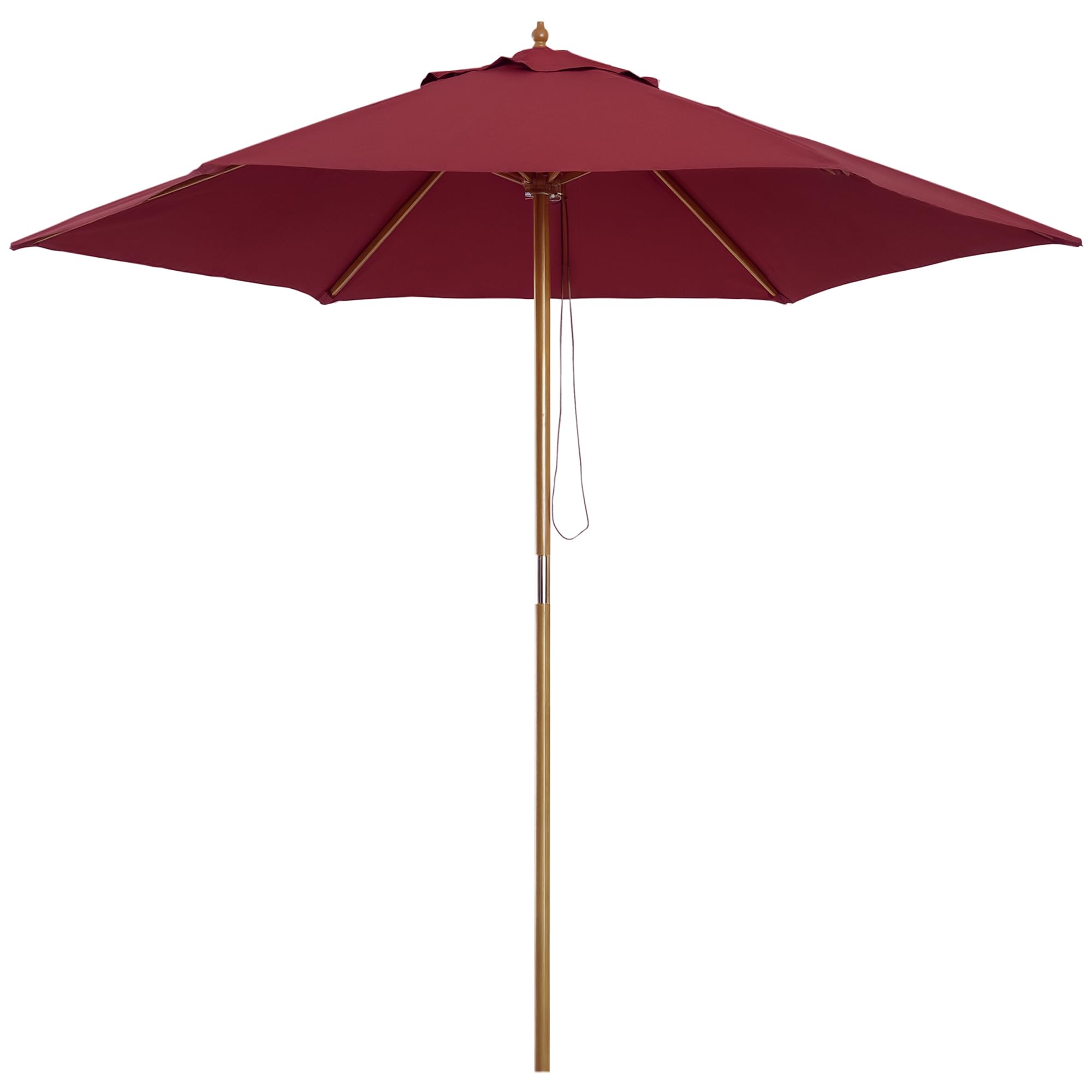 Outsunny 2.5m Wood Garden Parasol Sun Shade Patio Outdoor Wooden Umbrella Canopy, Table Market Umbrella with Vent, 38mm Pole, Rope Pulley Mechanism, Wine Red