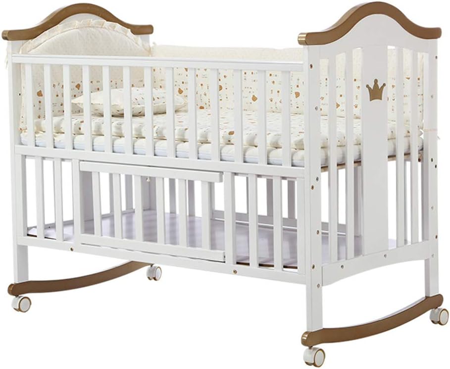 HBIAO Wooden Baby Cot Bed, Multifunctional Baby Shaker with Universal Wheel Solid Wood Crib for Newborn, White
