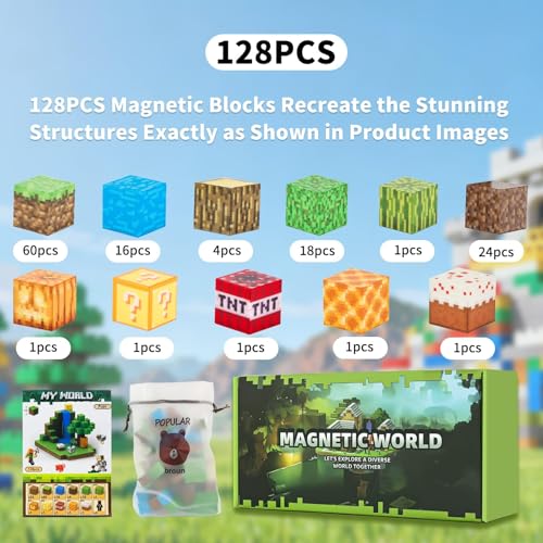 MEESHEEP 128 Pieces Magnetic Building Blocks, Build Exactly The Models Pictured, STEM Montessori Toys Children (3-10 Years), Promotes Creativity, Imagination & Confidence, Storable