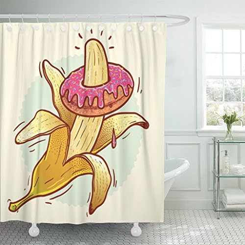 MAYTEC Shower Curtain Rap Banana and Donut for Club Mobile Cases Pajamas Condoms Medicines Male Potency on White Acquaintance Waterproof Polyester Fabric 72 x 72 inches Set with Hooks