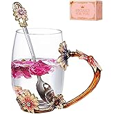 DasyFly Daisy Flower Tea Cup,Handmade Glass Enamel Coffee Mugs with Delicate Spoon,Birthday Gift for Wife,Mum,Girlfriend,Teacher