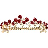 Red Rose Tiara Bridal Wedding Crystal Crown Gold Flower Princess Tiara Rhinestones Pearl Headband Hair Band for Women Girls
