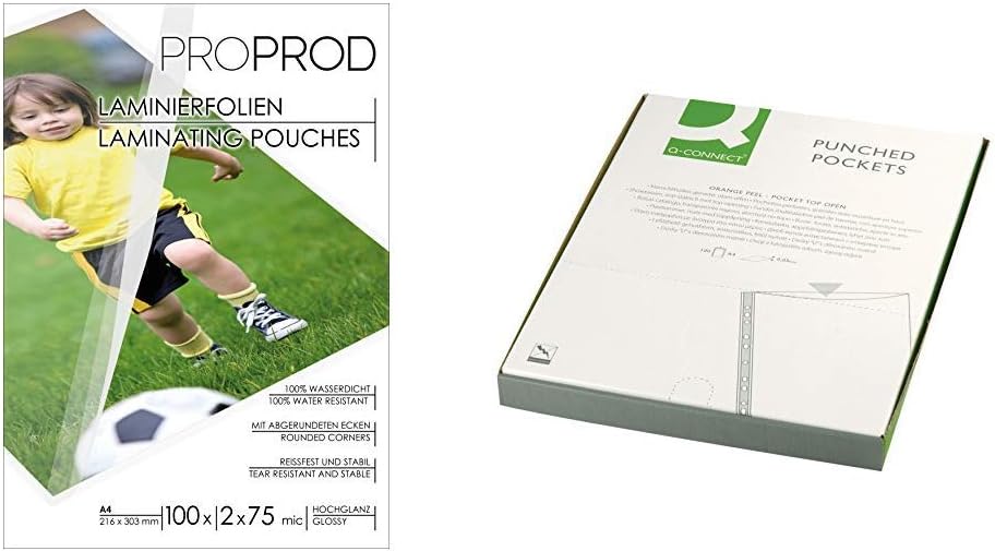 ProProd Premium A4 150 μ Glossy Laminating Pouch (Pack of 100) &Q Connect Punched Pocket A4 50micro, Clear (Pack of 100)