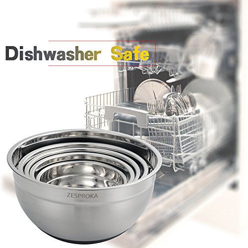 ZESPROKA Set of 5 Stainless Steel Nesting Mixing Bowls with Lids, Measurement Lines and Non-Stick Silicon Bottoms