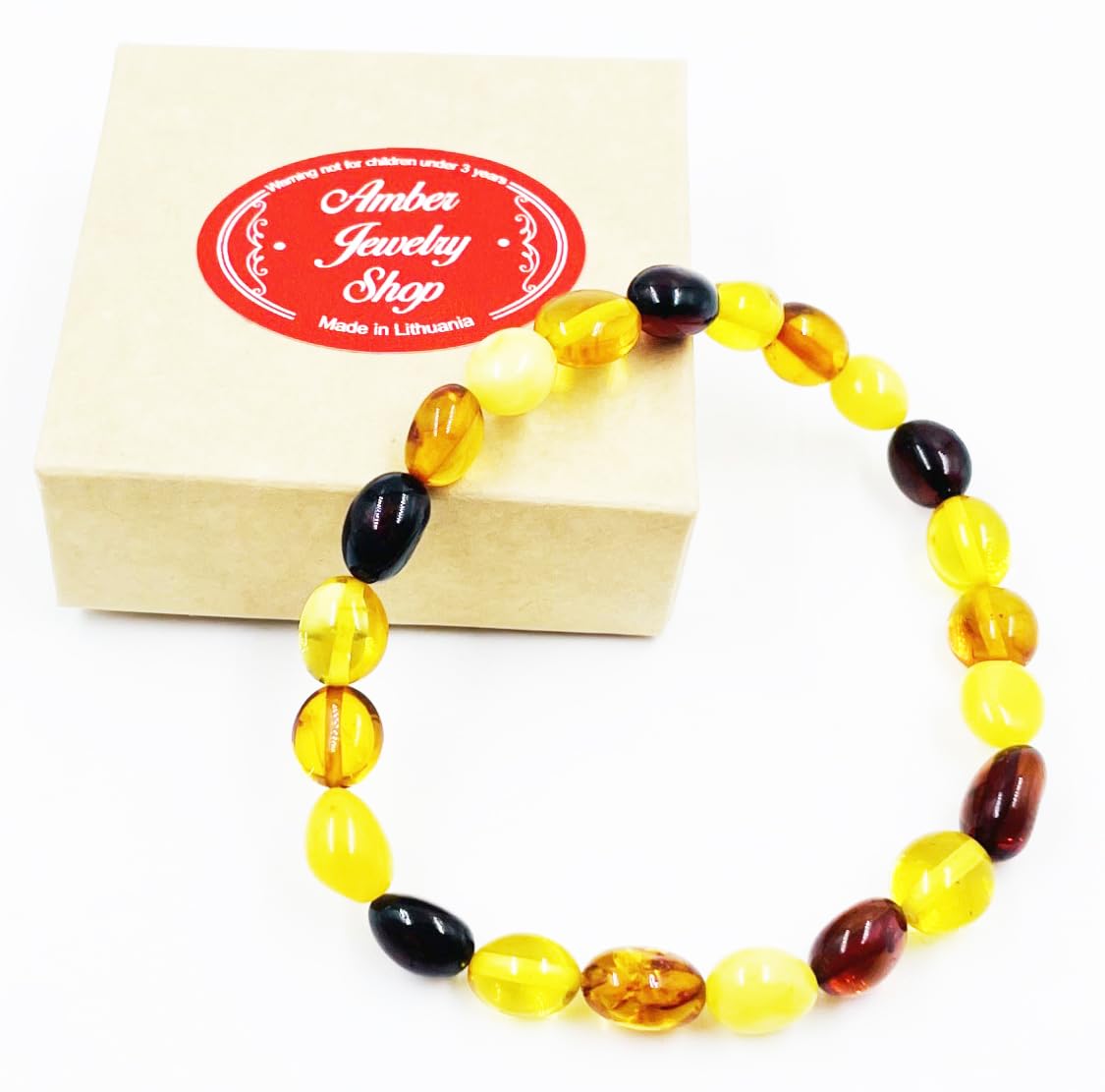 Natural Baltic Amber Unisex Bracelet (19cm) - Polished Baltic Sea Amber Jewelry - Adult Amber Bracelet (Rainbow)