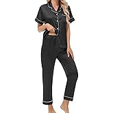 Exemaba Women's Satin Pajama Set Short Sleeve Silk Top and Pants Set Classic Button Down 2-Piece Sleepwear Loungewear